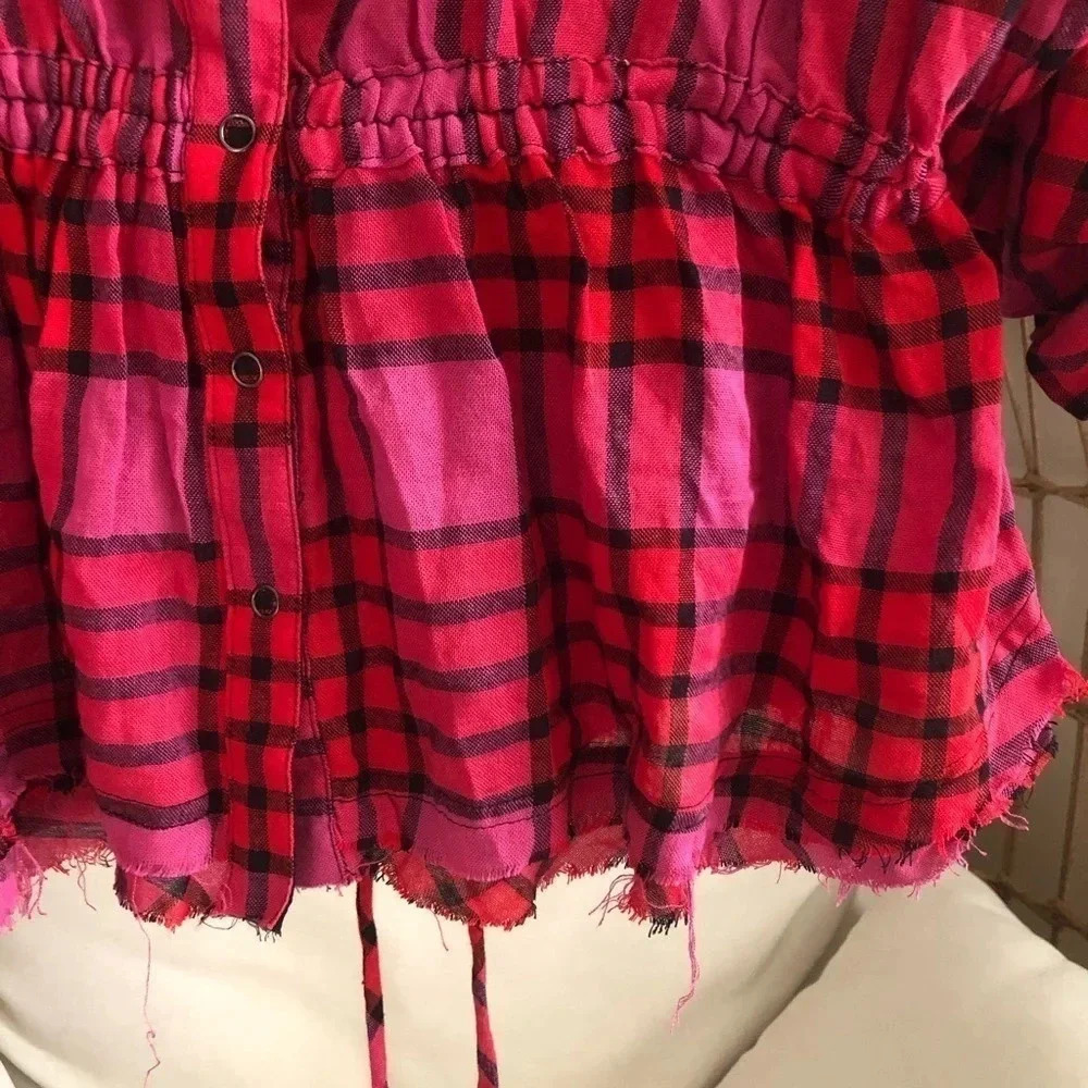 Free People plaid red combo button down shirt - Picture 4 of 11